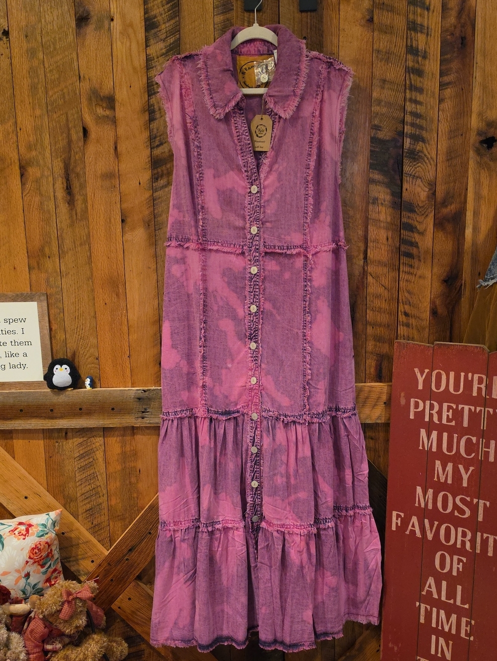 126p Sleeveless Pink Tie-Dye Button-Front Maxi Dress/Duster with Frayed Trim